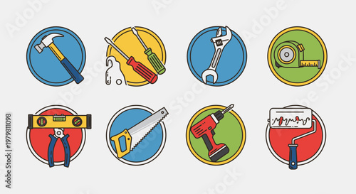 Flat summer beach travel icon set featuring surf board vector illustrations and sun symbols in a circular design element for web art