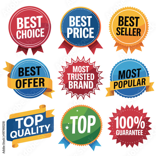 Best Seller, Best Price & Guarantee badge collection, vector set of promotional labels with bold typography and modern design, ideal for marketing, e-commerce, and product packaging visuals.