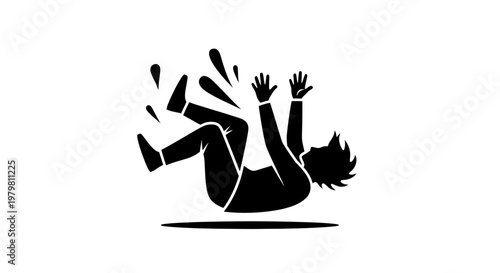A black silhouette pictogram of a person slipping and falling backward onto a wet surface, with water splashing around them, indicating an accident or hazard.