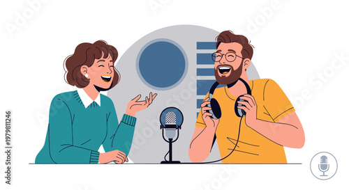 Two smiling people, a man with headphones and a woman, recording a podcast or radio show in a studio setting.