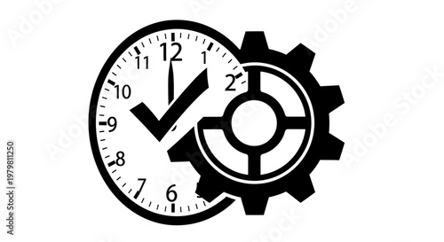 A vector illustration of a business clock face design featuring gears and a circular dial to represent the time is money concept as a professional symbol