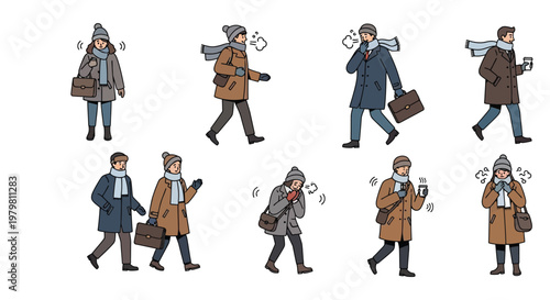 Collection of diverse individuals dressed in winter attire showing different reactions to the chilly temperatures.