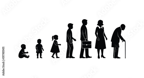 Black silhouette icons showing human growth stages from a baby to an elderly man and a woman