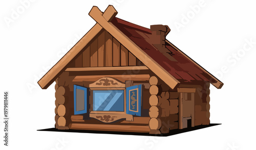 Traditional Russian Wooden Hut Izba Cartoon Vector House with Window Shutters 2D Game Asset Isolated on White
