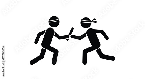 Two relay runners passing a baton while sprinting quickly across a track during a professional sporting event
