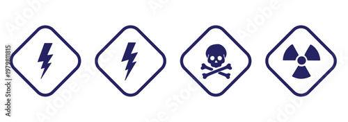 Caution signs set. Fire warning, hazard danger, high voltage icon. Attention, risk, flammable, skull, bone