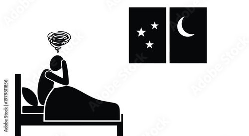 Stressed person lying awake in bed at night suffering from insomnia and mental exhaustion or health issues