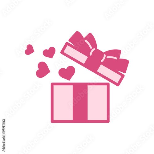 ピンクのリボン付きプレゼントボックスからハートがあふれるイラスト