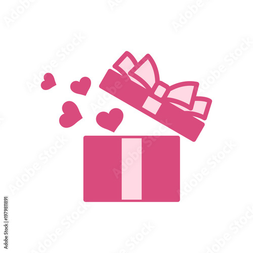 リボン付きプレゼントボックスから広がるピンクのハート表現