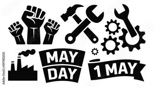 May Day labor movement symbols with fists tools gears and banners on white background