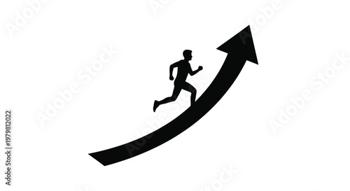 Determined man running quickly upward along a growing arrow representing financial success and professional career growth targets