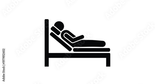 Simple black icon showing a person resting comfortably in a bed during a peaceful night of sleep