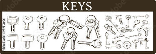 Vintage Sketch Collection of House Keys and Keyrings; Hand-Drawn Vector Illustration Set for Real Estate, Property Ownership, Renting, and Security Concepts
