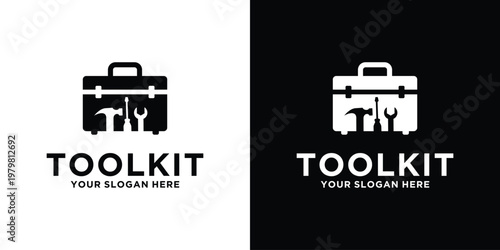 Toolkit Logo: A stylized toolkit graphic, representing tools and repair in bold monochrome. Showcasing precision and functionality, conveying a sense of skill and reliability.