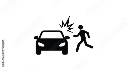 Black icon illustration showing a car hitting a pedestrian in a dangerous vehicle accident on the road