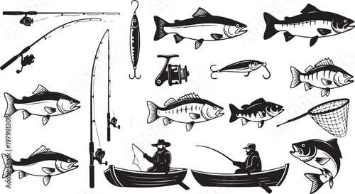 Fishing illustrations with fish, boats, and fishing gear in black