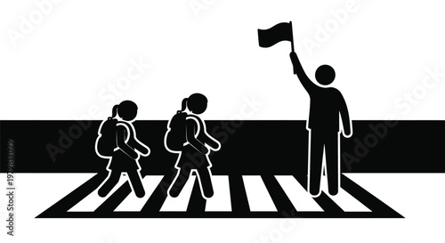 Crossing guard with a flag helping young school children walk safely across the street on a path