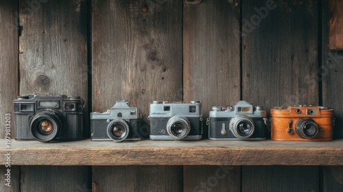 Vintage Cameras Displayed on Rustic Wooden Shelf Background