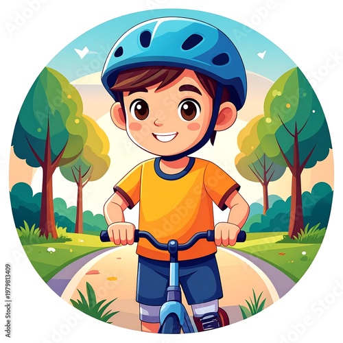 A young boy wears a blue protective safety helmet while riding his bicycle with great joy Ai Generative