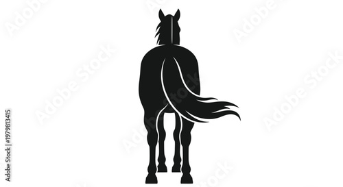 Elegant black silhouette of a horse standing tall while facing away against a plain white studio background