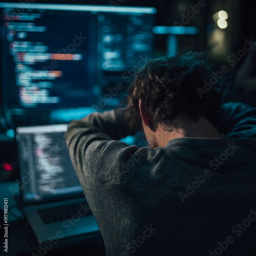 Slightly tilted over shoulder view of programmer debugging code screen dynamic diagonal composition behind dark or softly lit workspace camera behind subject no face visible modern tech environment