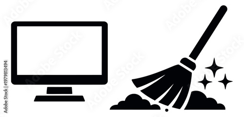 Solid icon set featuring a computer monitor and a broom sweeping for cleaning and technology concepts
