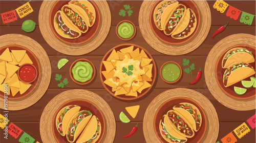 Mexican food feast for Cinco de Mayo celebration with tacos nachos guacamole and salsa on a wooden table top view vector illustration of traditional mexican culture cuisine