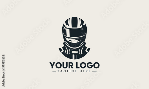 Black racing driver with helmet and suit is presented as bold monochrome vector logo on clean white background for motorsport and automotive branding use