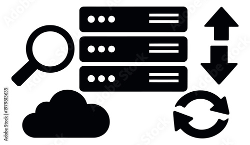 Modern glyph icon set featuring server racks, a cloud, and data transfer symbols for IT operations