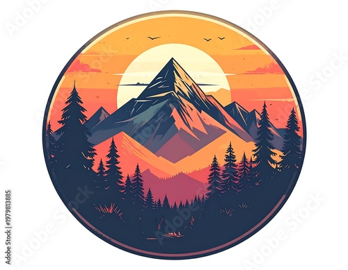 Majestic pointed mountain peaks rise high during a vibrant orange sunset in this artistic circular illustration Ai Generative