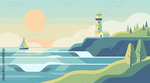 Minimalist coastal landscape with lighthouse and sailboat at sunset illustration