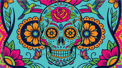 Colorful Mexican sugar skull illustration for Day of the Dead celebration with hummingbirds butterflies and vibrant flowers on a turquoise background for Dia de los Muertos culture