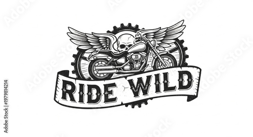 Motorcycle Skull Wings Ride Wild Emblem.