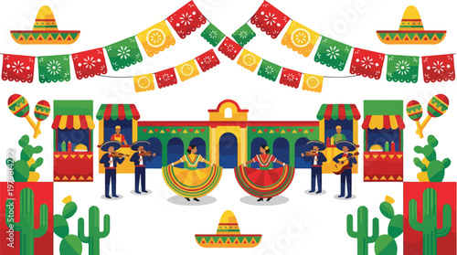 Vibrant Mexican culture celebration with mariachi band playing music and traditional dancers in colorful dresses under festive papel picado banners and sombreros