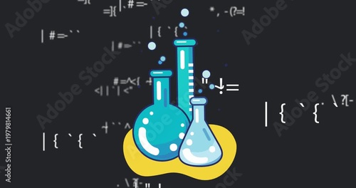 Animation of chemistry school icons and mathematical formulae on black background