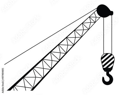Black and white of a crane boom with hook and cable