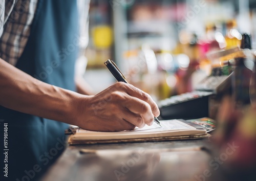 Tight cinematic over shoulder view of shopkeeper writing register blurred foreground element shallow focus behind small retail shop environment camera behind subject no face visible natural lighting