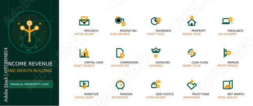 Income Revenue and Wealth Building Vector Icon Set, Minimalist Outline UI Elements for Finance
