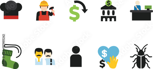 Business and Daily Life Icon Set Featuring Smoke Worker Finance Bank Office Sock Couple User Charity Donation and Bug Symbols for Modern Design