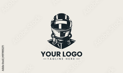 Black racing driver with helmet and suit is presented as bold monochrome vector logo on clean white background for motorsport and automotive branding use