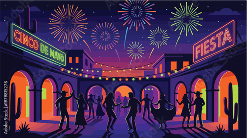 Vibrant vector illustration of a Cinco de Mayo celebration in a Mexican plaza with people dancing under a night sky filled with colorful fireworks and neon fiesta signs