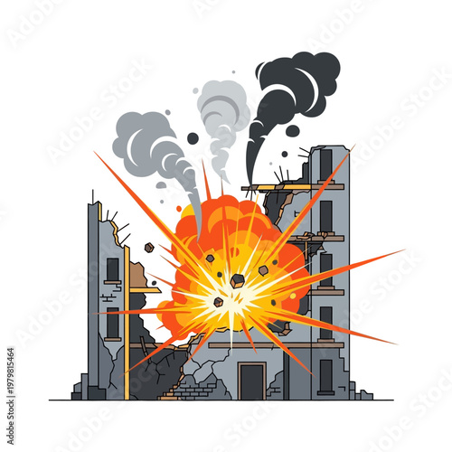 Building Explosion and Destruction, Fire and Smoke Illustration