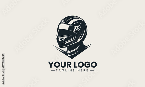 Black racing driver with helmet and suit is presented as bold monochrome vector logo on clean white background for motorsport and automotive branding use