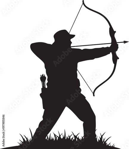 Silhouette of a man aiming a bow and arrow outdoors