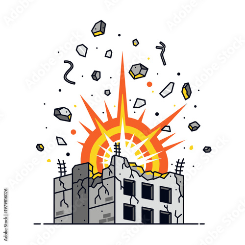 Building explosion, destruction, debris flying, orange burst of light, urban disaster illustration