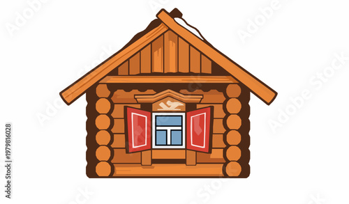 Old Russian Rustic Wooden House Cartoon Vector Illustration with Decorative Window Shutters for 2D Game