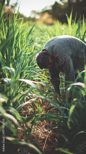 Vertical framing over shoulder view of farmer bending slightly inspect crop closely tall composition behind wide outdoor environment camera behind subject no face visible natural sunlight earthy tone