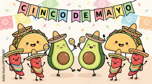 Cute Cinco de Mayo celebration vector illustration featuring kawaii tacos avocados and chili peppers wearing sombreros and holding maracas with festive banner and confetti