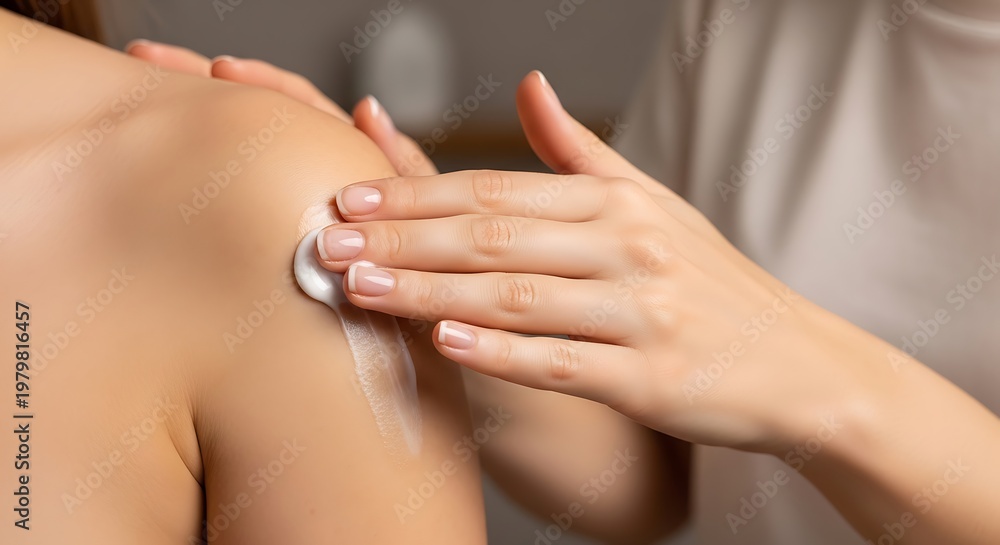 Fototapeta premium Close-up of a person applying cream to their shoulder, promoting skin health and hydration with a gentle touch