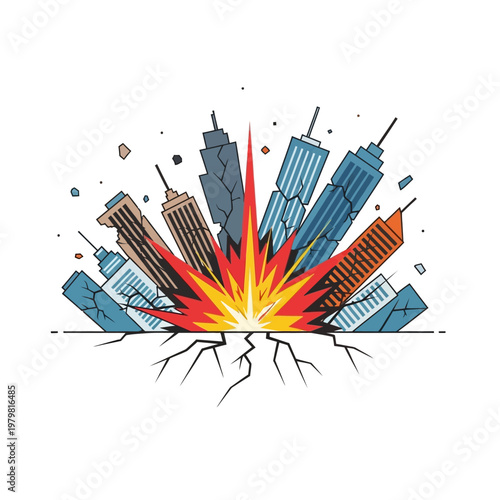 Cityscape explosion, buildings collapsing, destruction, disaster, earthquake, urban chaos